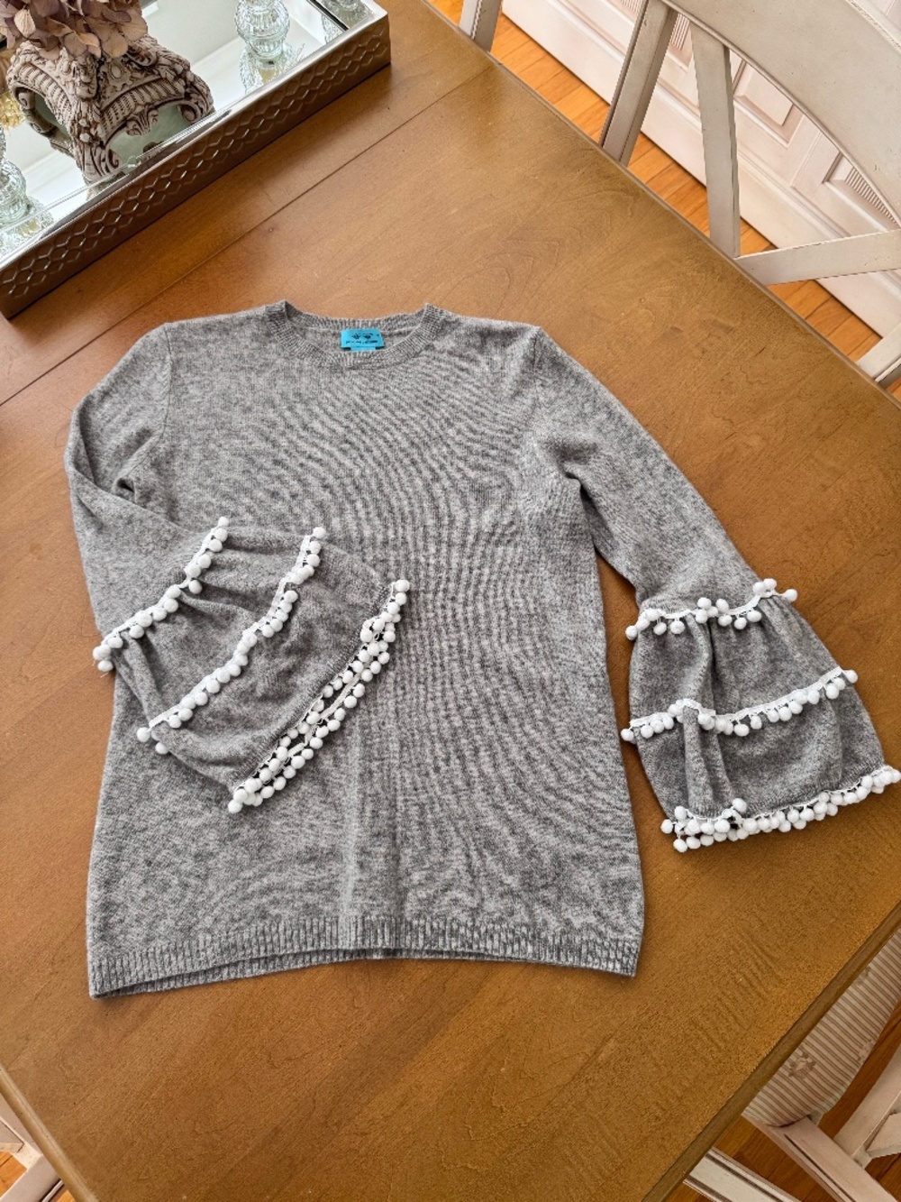 Two Bees Cashmere Grey Bell Sleeve Pom-Pom Tassel Sweater